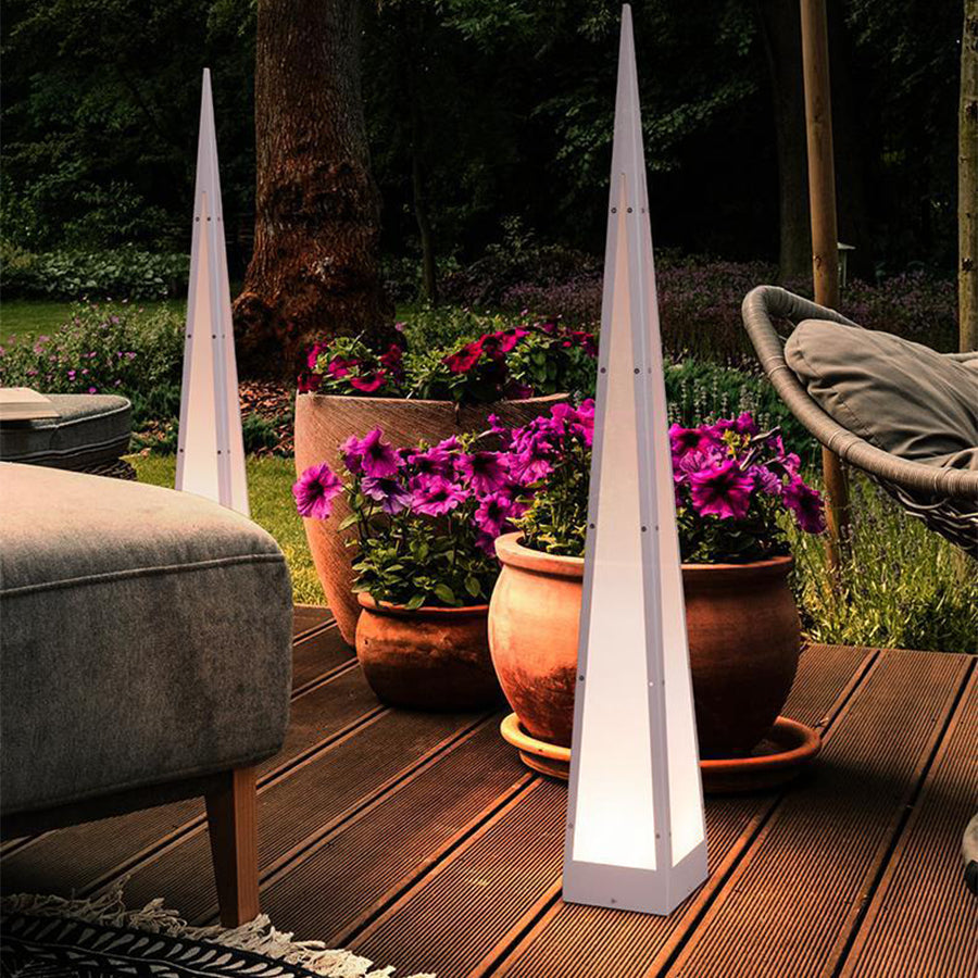 Geometric Pyramid LED Floor Lamp in Stainless Steel for Outdoor and Modern Interiors