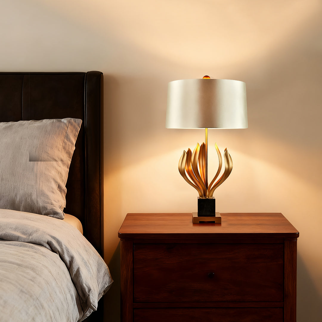 Vintage Gold Metal Table Lamp with Champagne Fabric Shade for Bedroom