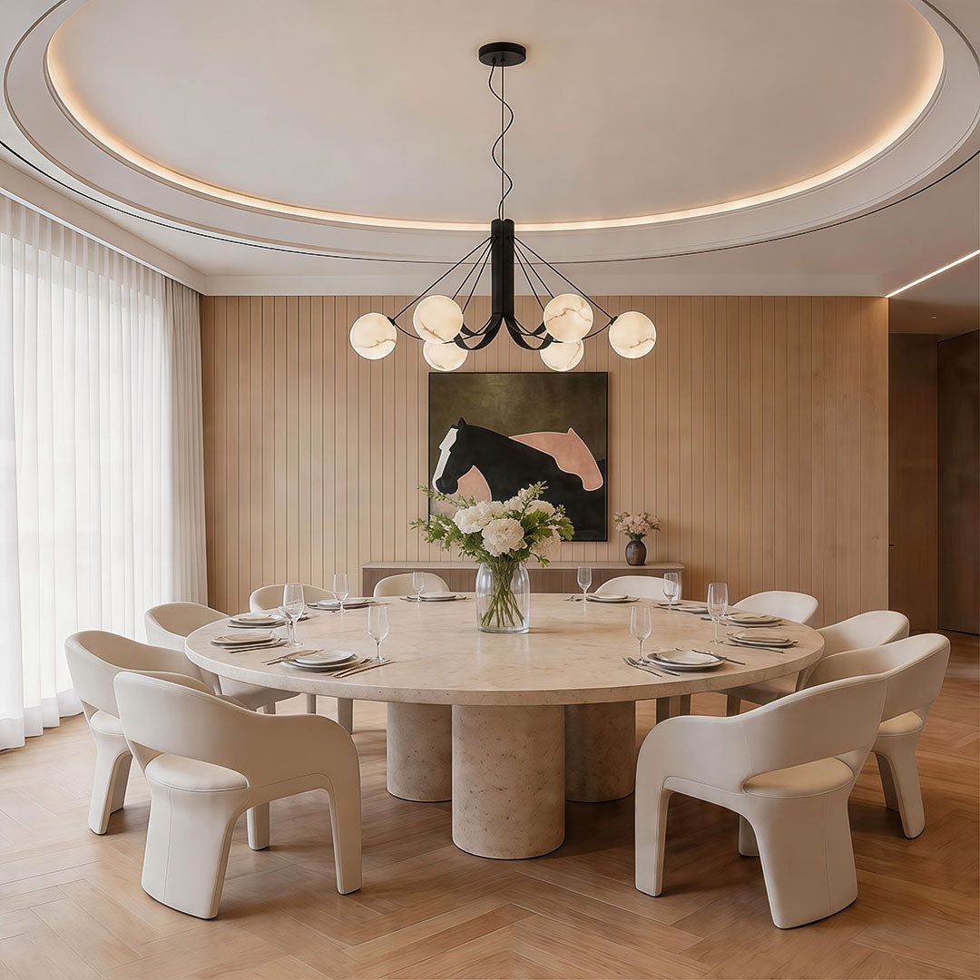 Modern Black Chandelier with White Glass Shades for Dining Room and Living Room