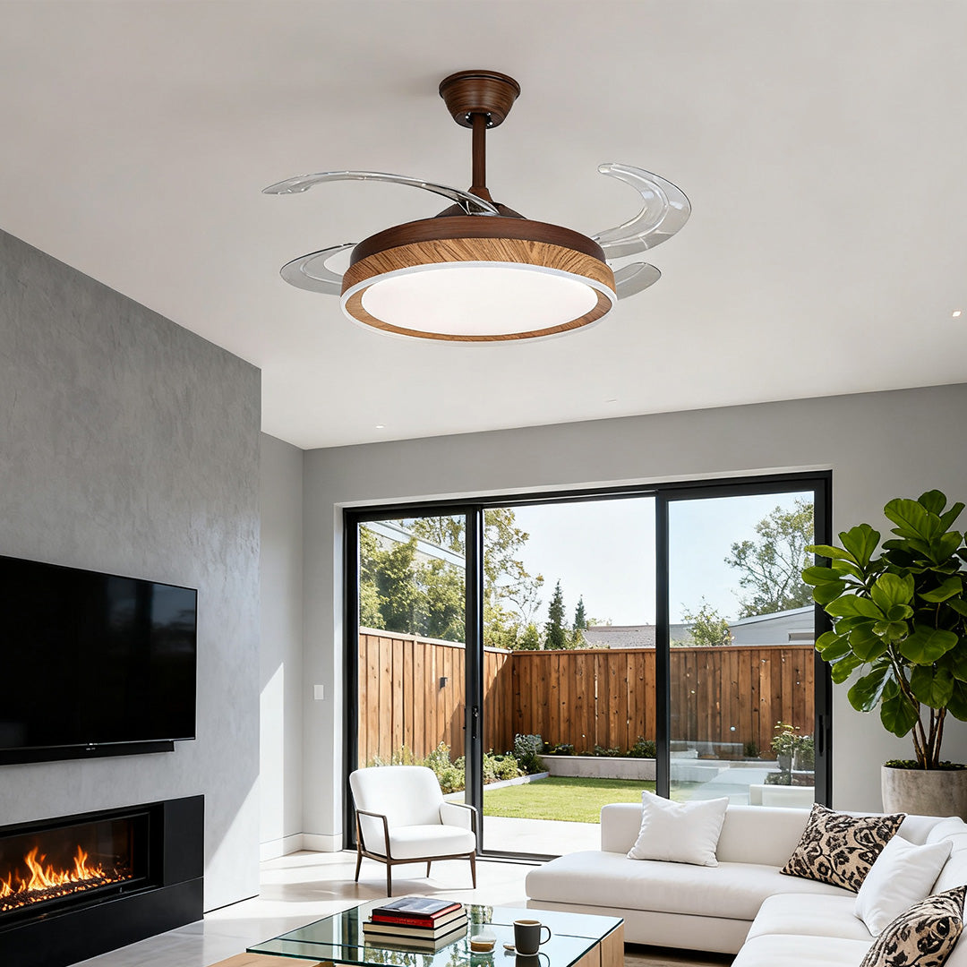 Walnut Wood Ceiling Fan with Four Lights, Silent LED Dimmable