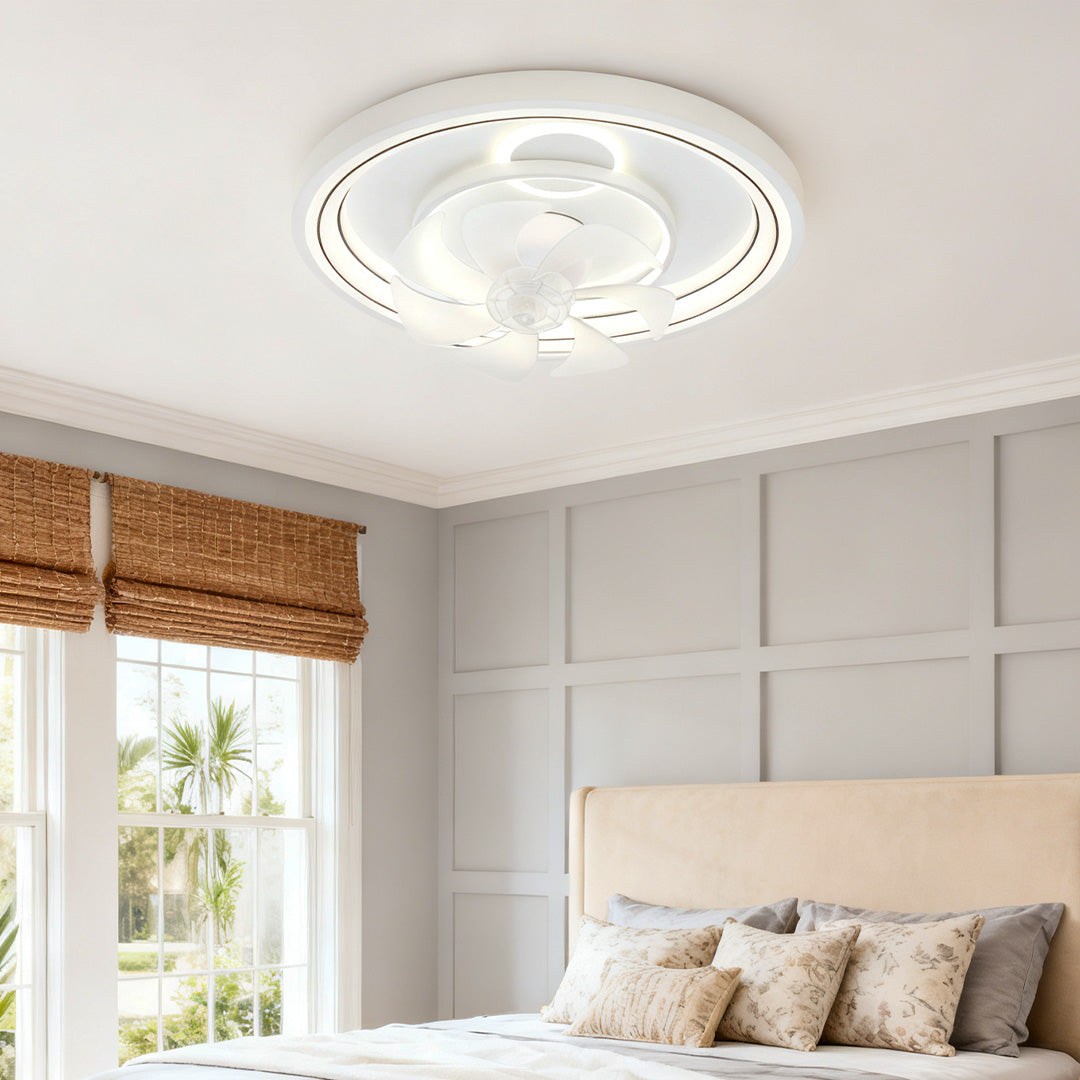 Modern White Ceiling Fan with Dimmable LED Light, 7-Blade Flush Mount