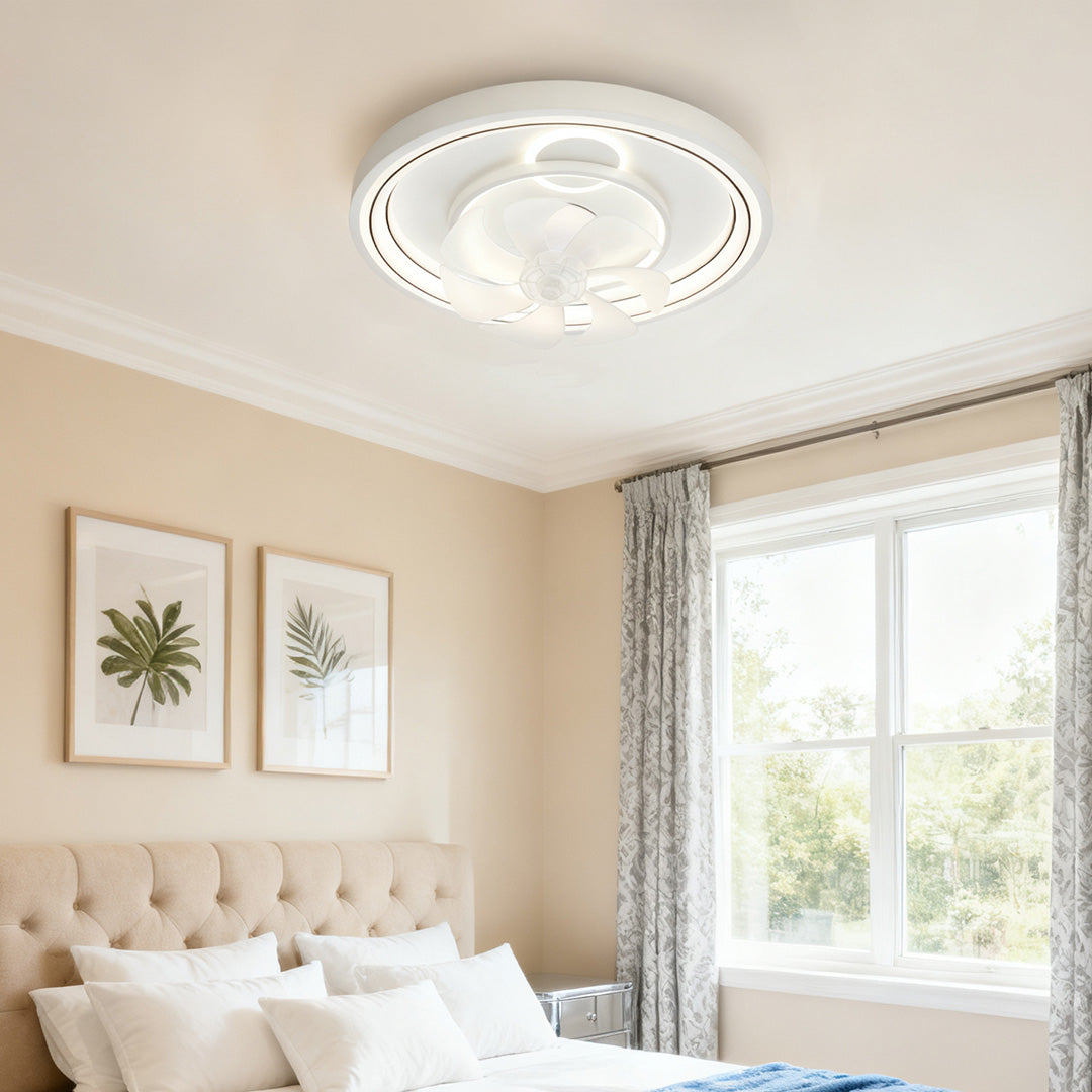 Modern White Ceiling Fan with Dimmable LED Light, 7-Blade Flush Mount