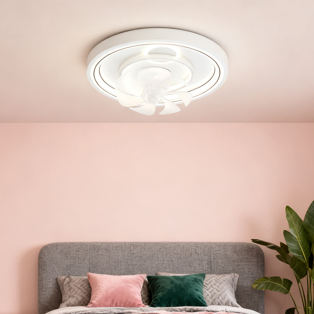 Modern White Ceiling Fan with Dimmable LED Light, 7-Blade Flush Mount