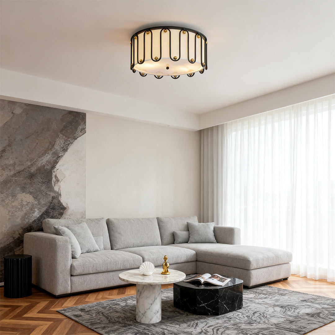 Aurelia Drum Flush Mount Ceiling Light in Matte Black with Opal Acrylic Shade