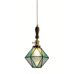 Diamond Glass Pendant Light with Brass and Wood Accents