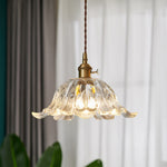 Japanese Floral Glass Pendant Light in Brushed Brass