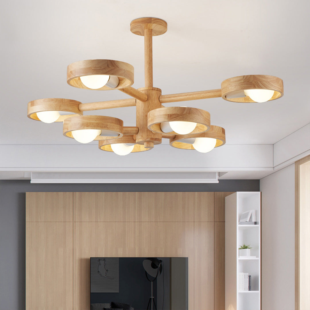 Scandinavian Rubberwood LED Chandelier | Modern Wood Pendant Light for Dining & Living Rooms