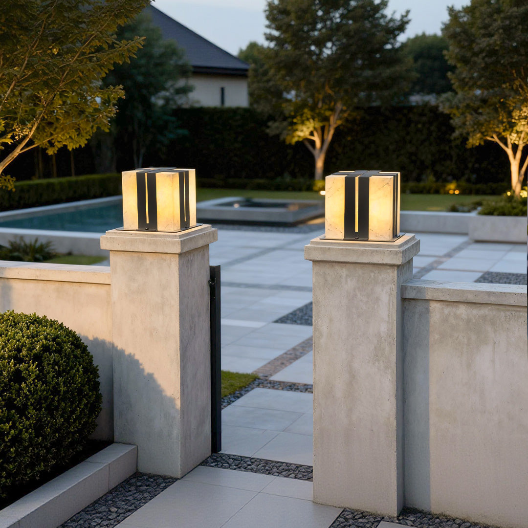 Outdoor Pillar Lights with Faux Marble Shade in Black Stainless Steel