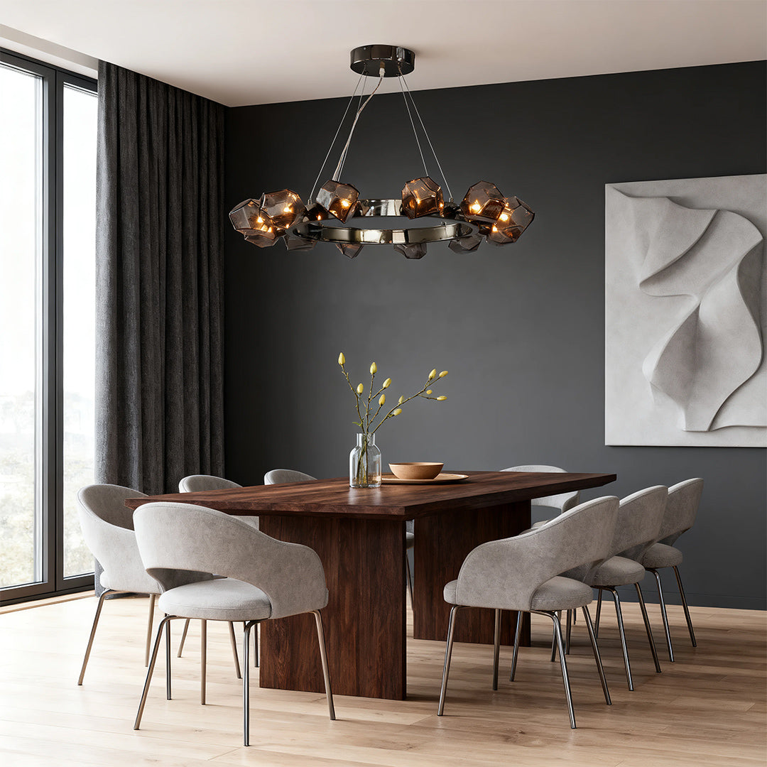 Nova Round Chandelier in Black with Clear Glass Shades