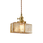 Vintage Brass Square Glass Pendant Light with Adjustable Cord