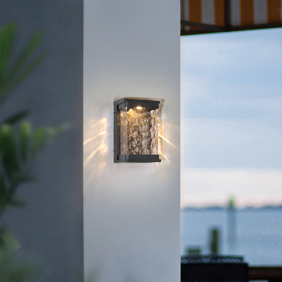 Modern Rectangular Outdoor Wall Sconce in Black Aluminum with Water-Drop Glass