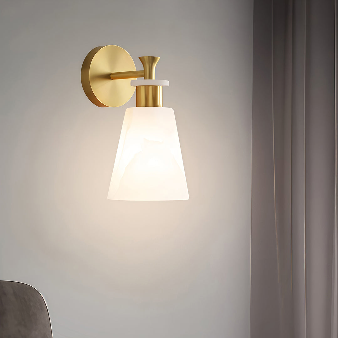 Luxury Brass Wall Sconce with Marble Shade, Minimalist LED Lighting for Modern Interiors