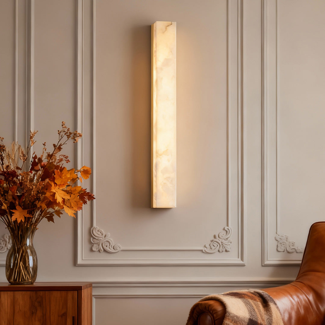 Hammered Copper Linear Wall Sconce with Marble Shade – Modern Minimalist LED Lighting