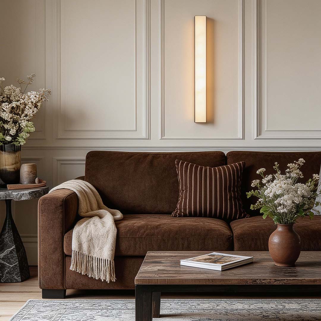 Hammered Copper Linear Wall Sconce with Marble Shade – Modern Minimalist LED Lighting