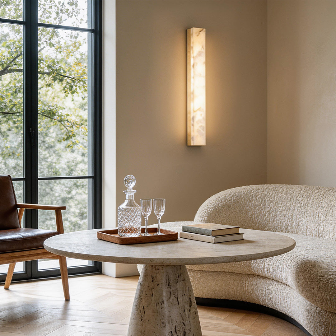 Hammered Copper Linear Wall Sconce with Marble Shade – Modern Minimalist LED Lighting