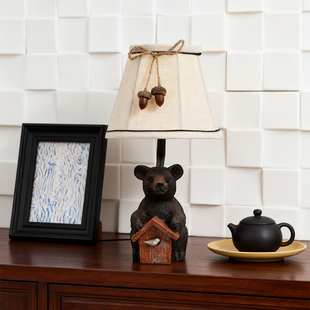 Bear Table Lamp with Fabric Shade – European Designer Resin Sculpture Light