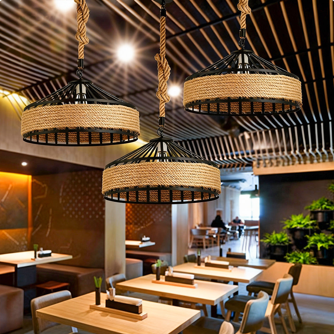 Halo Pendant Light in Black Iron and Natural Hemp Rope
