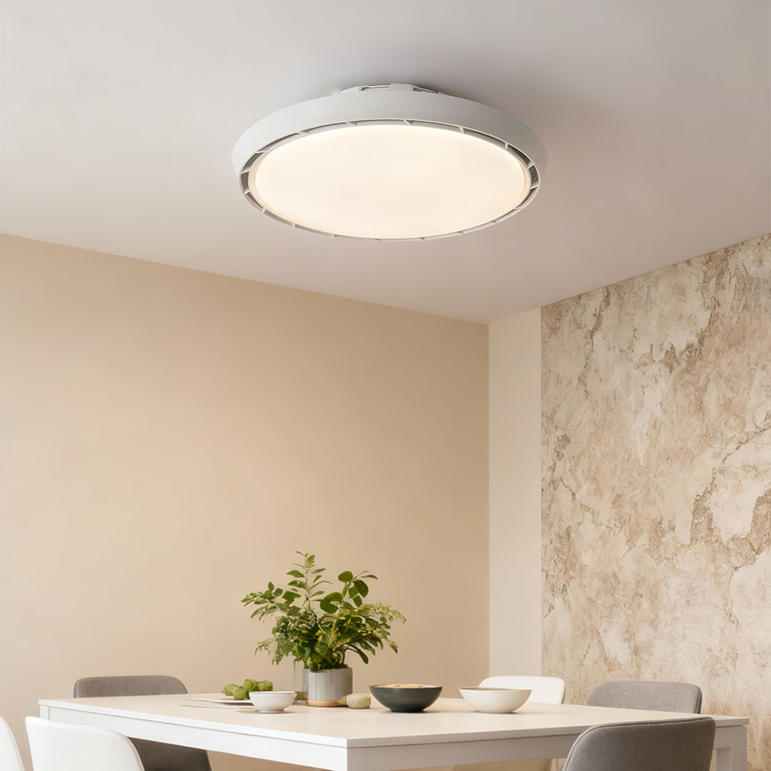 Modern Bladeless Ceiling Fan with Dimmable LED Light, Round Flush Mount in White or Wood Grain