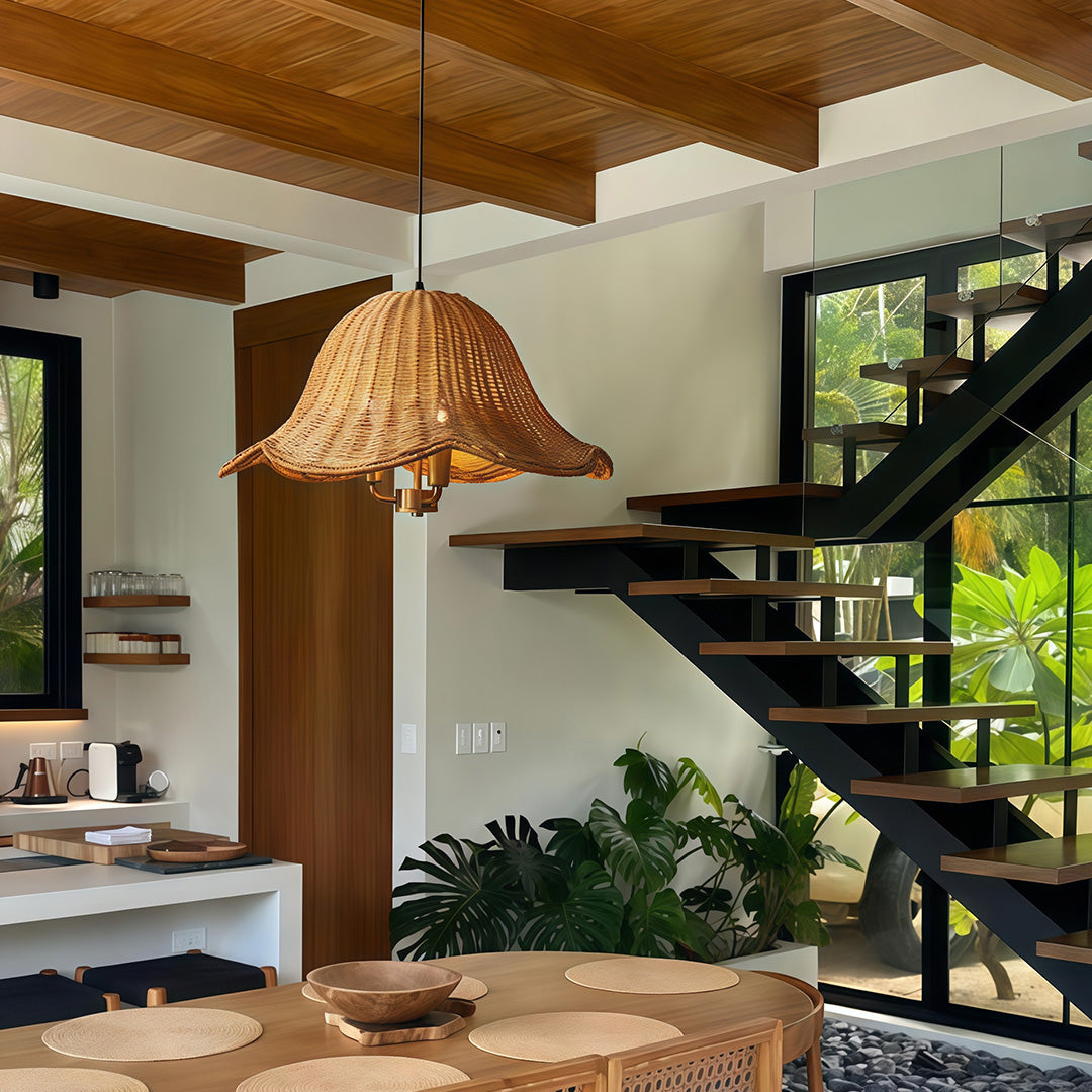 Artisan Rattan Pendant Light with Iron Frame – Japanese Wabi-Sabi Ceiling Lamp