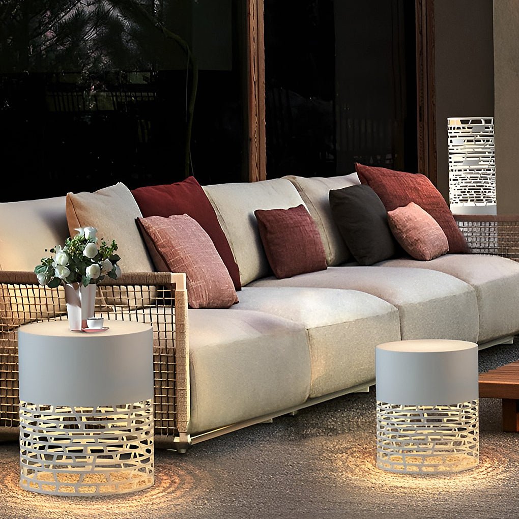 Lumina Hollow Mesh LED Cylinder Floor Light for Modern Outdoor Spaces