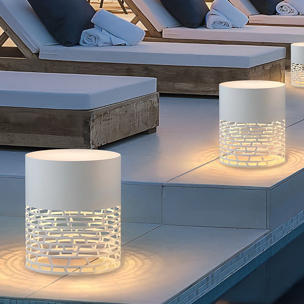 Lumina Hollow Mesh LED Cylinder Floor Light for Modern Outdoor Spaces