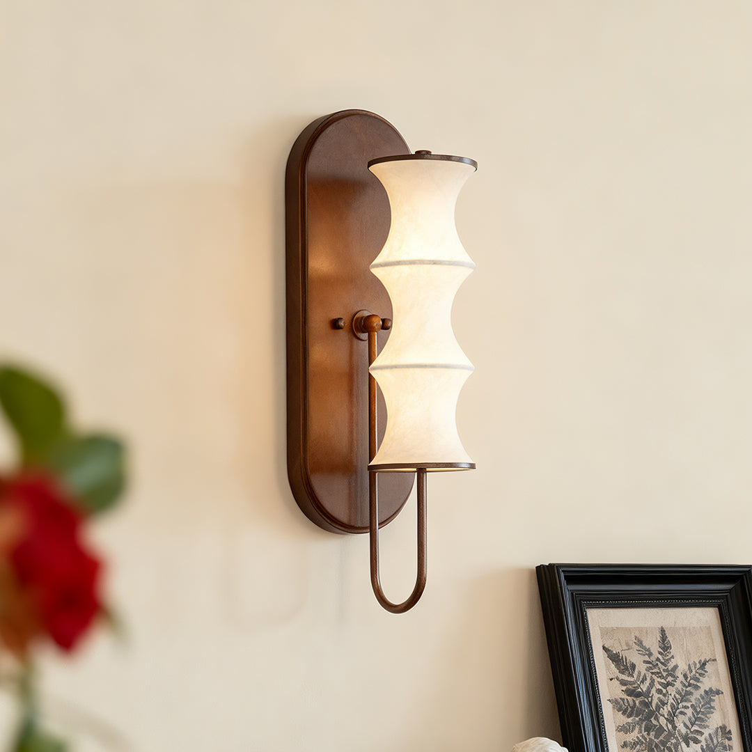 French Vintage Bamboo Silk Wall Sconce with Walnut Metal Accents