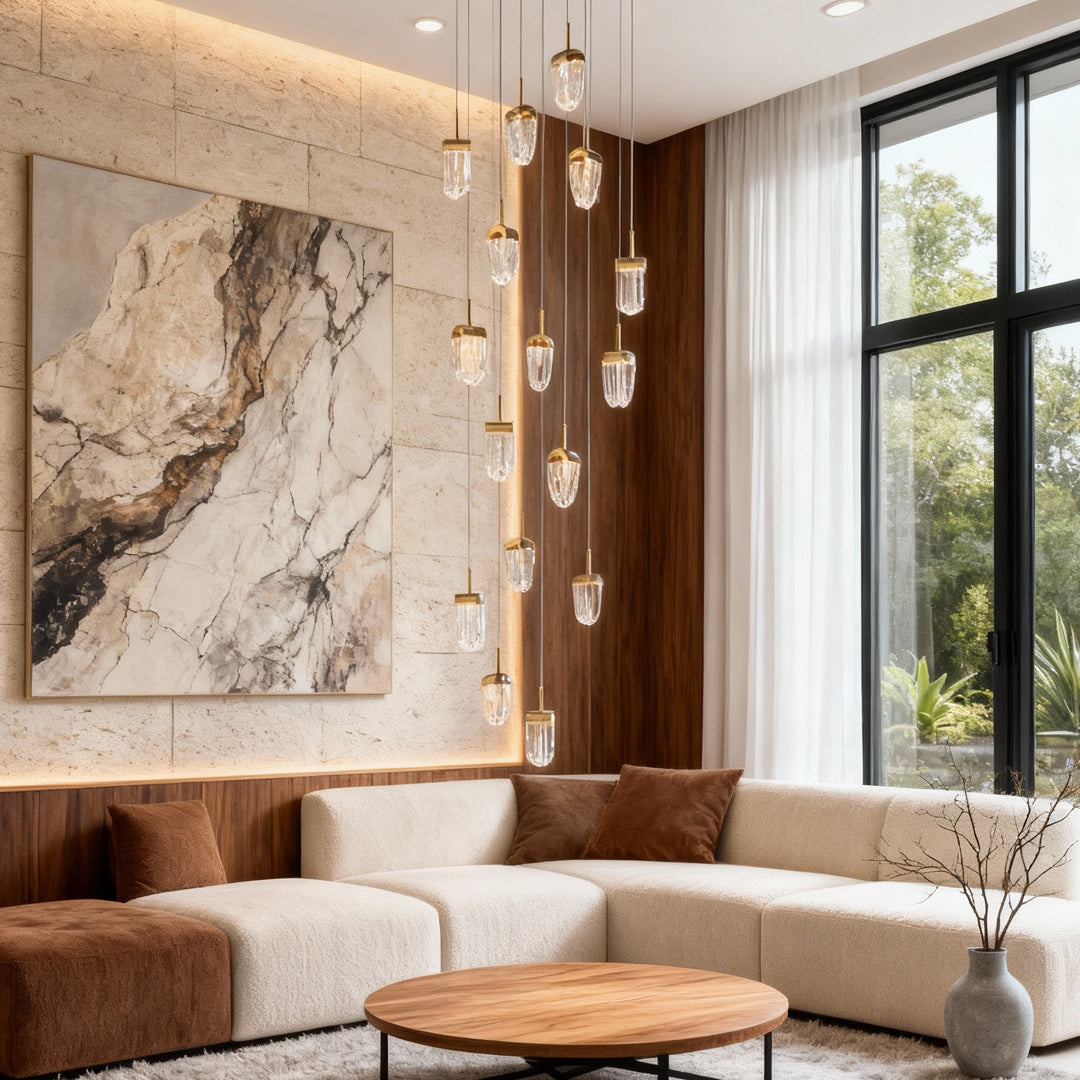 Aurelia 16-Light Gold Staircase Chandelier, Modern Linear LED Pendant for High Ceilings