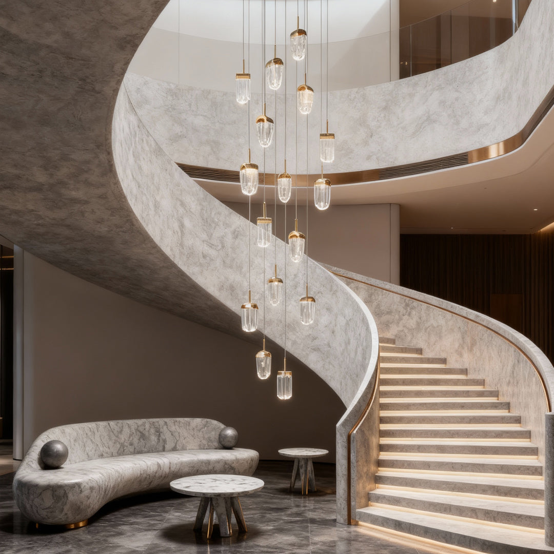 Aurelia 16-Light Gold Staircase Chandelier, Modern Linear LED Pendant for High Ceilings