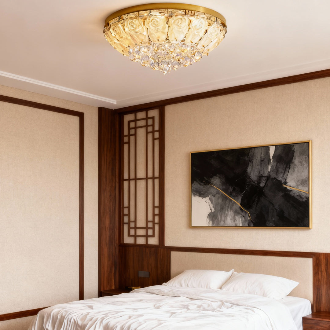 French Crystal Flush Mount Ceiling Light in Gold Stainless Steel