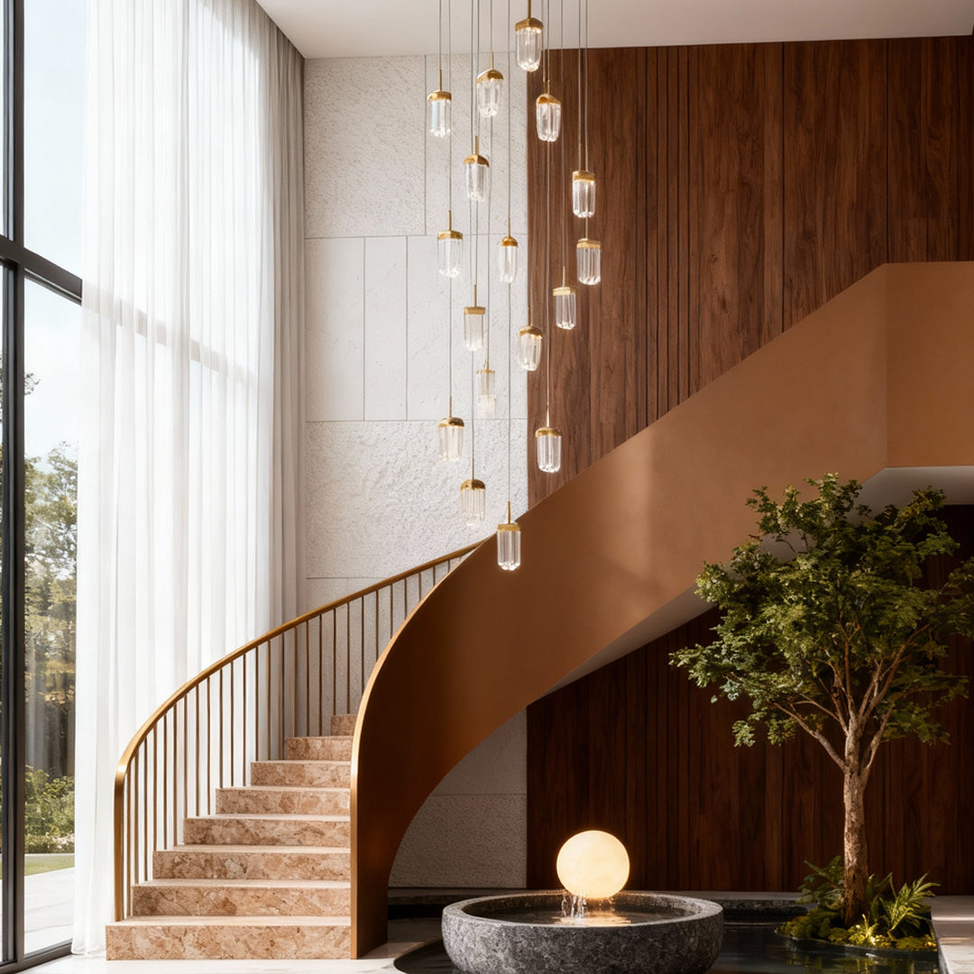 Aurelia 16-Light Gold Staircase Chandelier, Modern Linear LED Pendant for High Ceilings