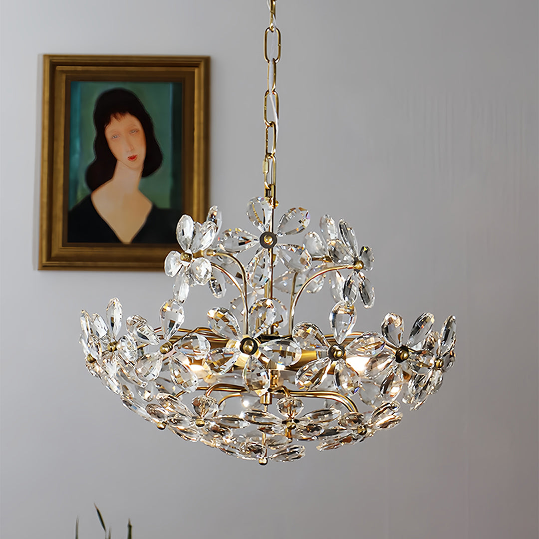 Crystal Flower Chandelier Vintage French Country Ceiling Light with Brass Finish