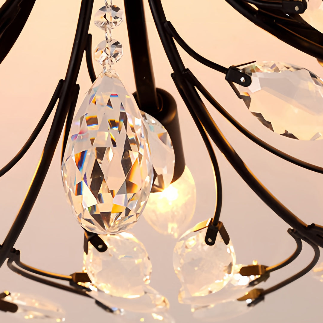Crystal Leaf Semi Flush Ceiling Light in Black Iron