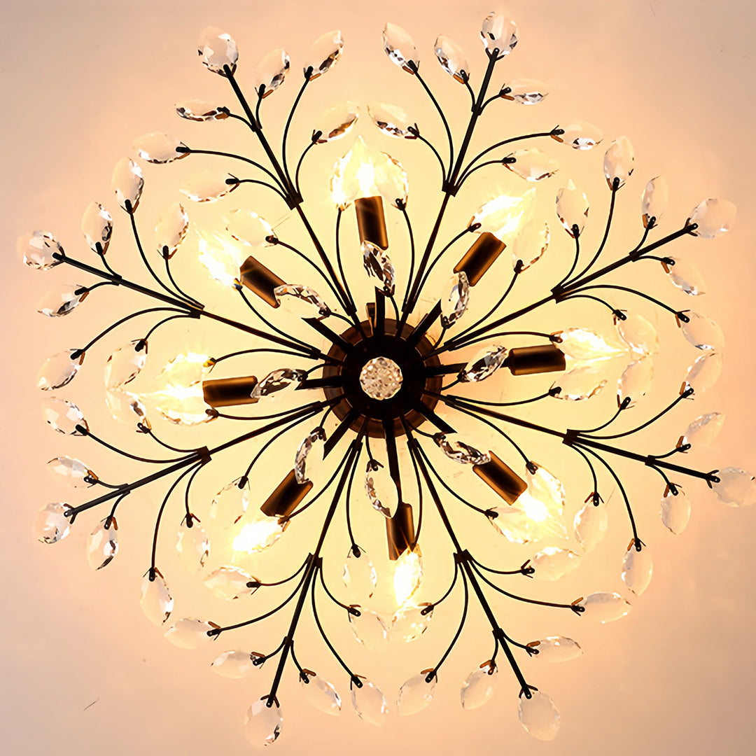 Crystal Leaf Semi Flush Ceiling Light in Black Iron