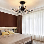 Crystal Leaf Semi Flush Ceiling Light in Black Iron