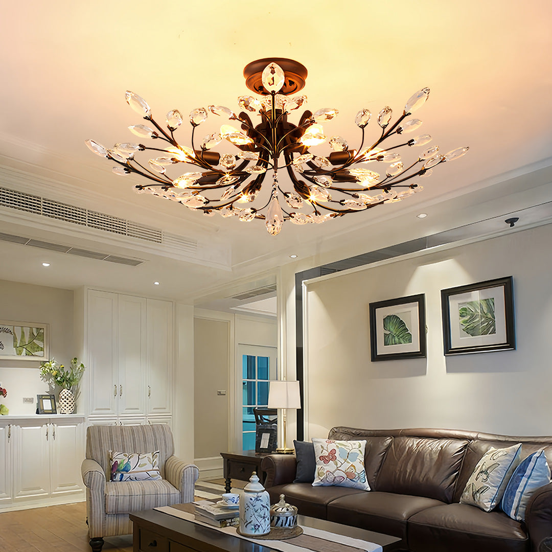 Crystal Leaf Semi Flush Ceiling Light in Black Iron