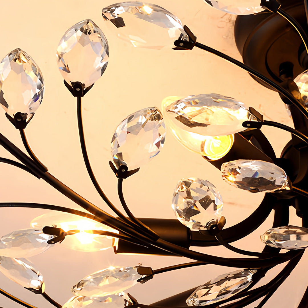 Crystal Leaf Semi Flush Ceiling Light in Black Iron