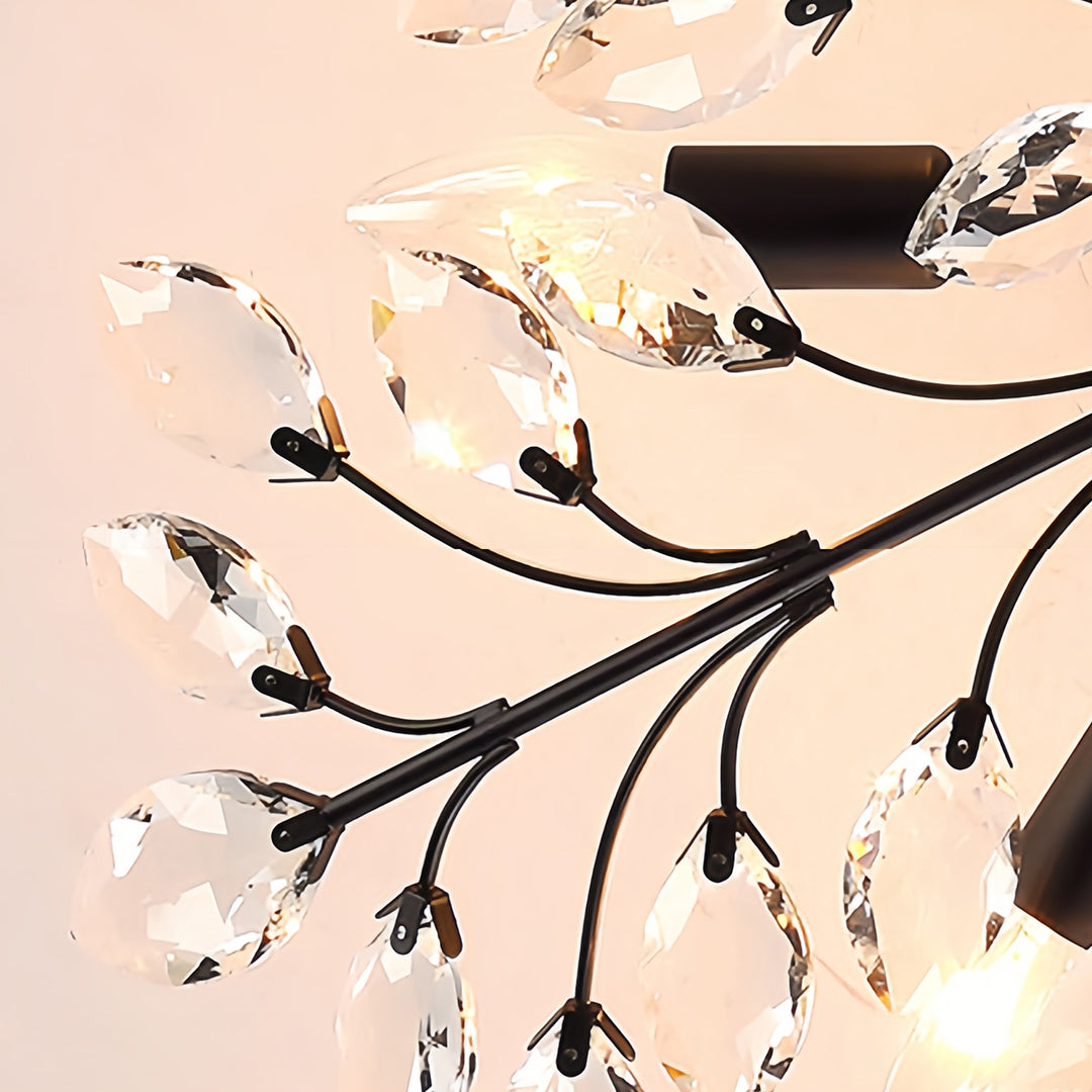 Crystal Leaf Semi Flush Ceiling Light in Black Iron