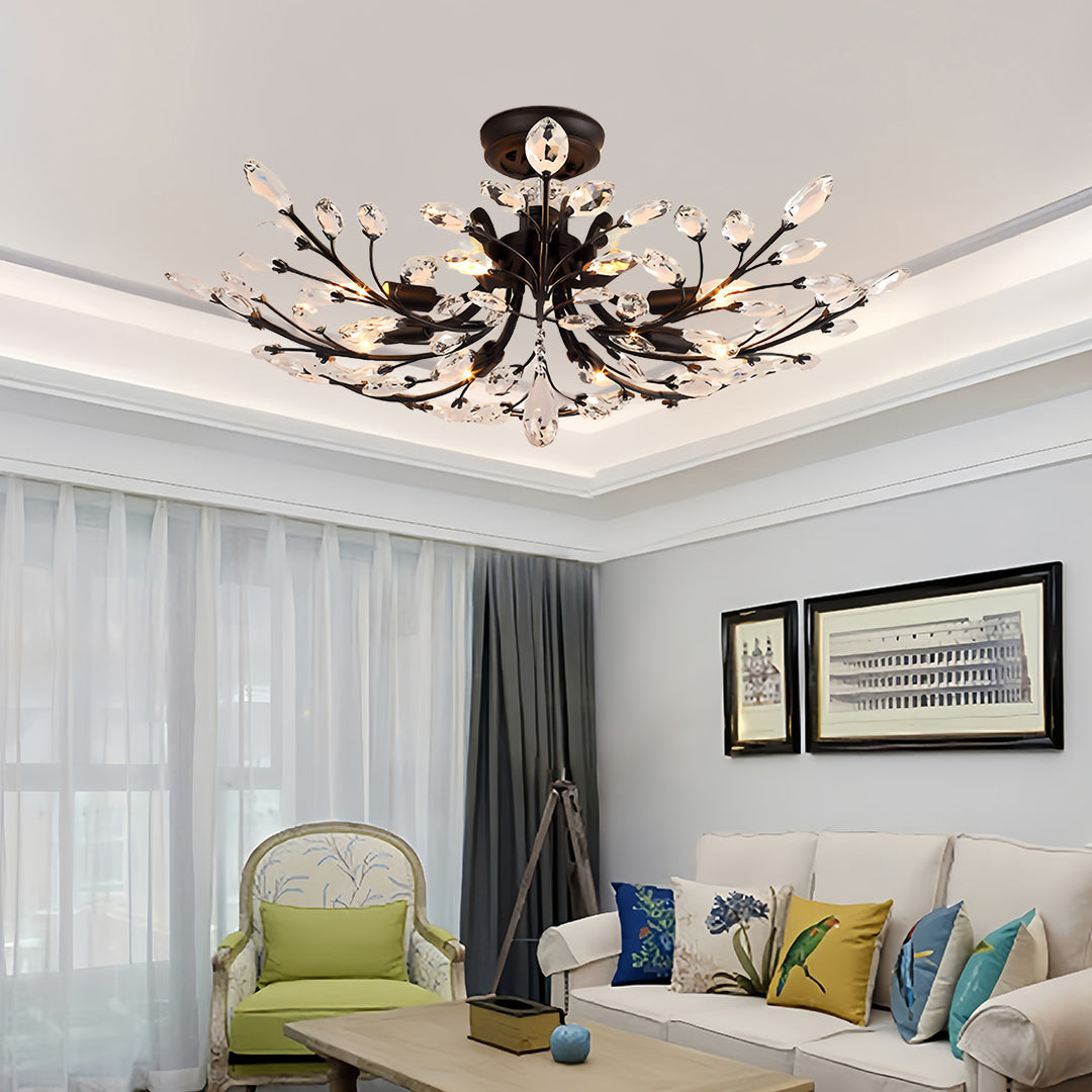 Crystal Leaf Semi Flush Ceiling Light in Black Iron