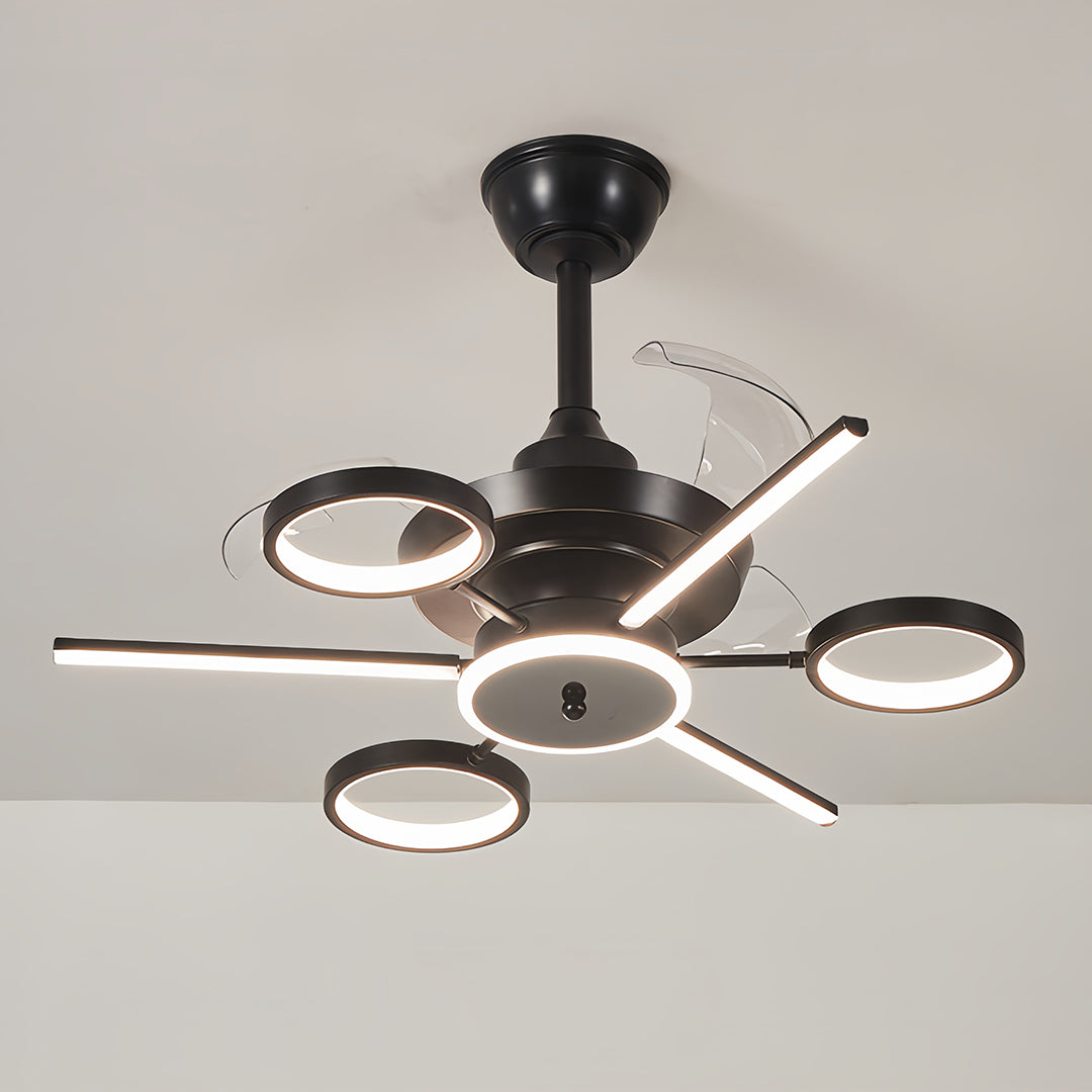 French Vintage Black Iron Ceiling Fan with 7-Light LED Fixture