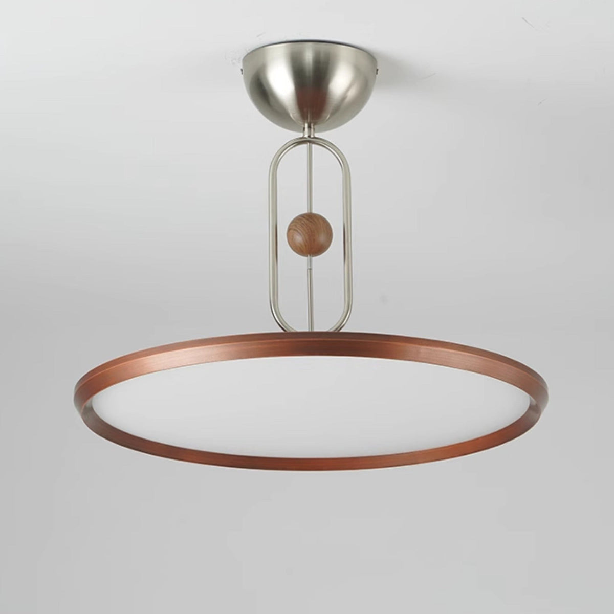Orbito Semi Flush Ceiling Light in Walnut Wood Grain and Nickel