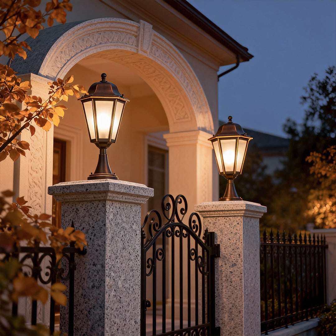 Hexagonal Copper Outdoor Pillar Light with Glass Shade