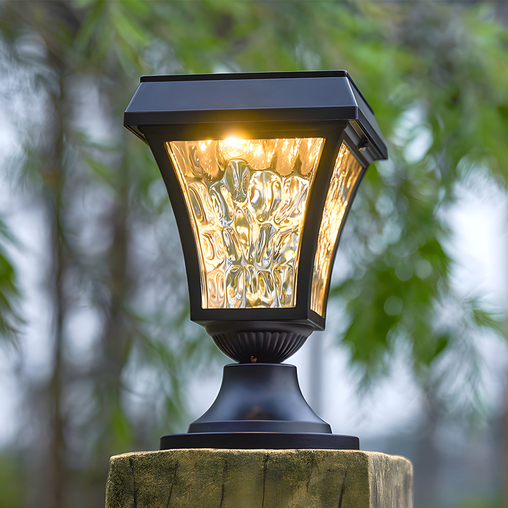 Solar-Powered Cast Aluminum Post Cap Lantern with Rippled Glass Shade