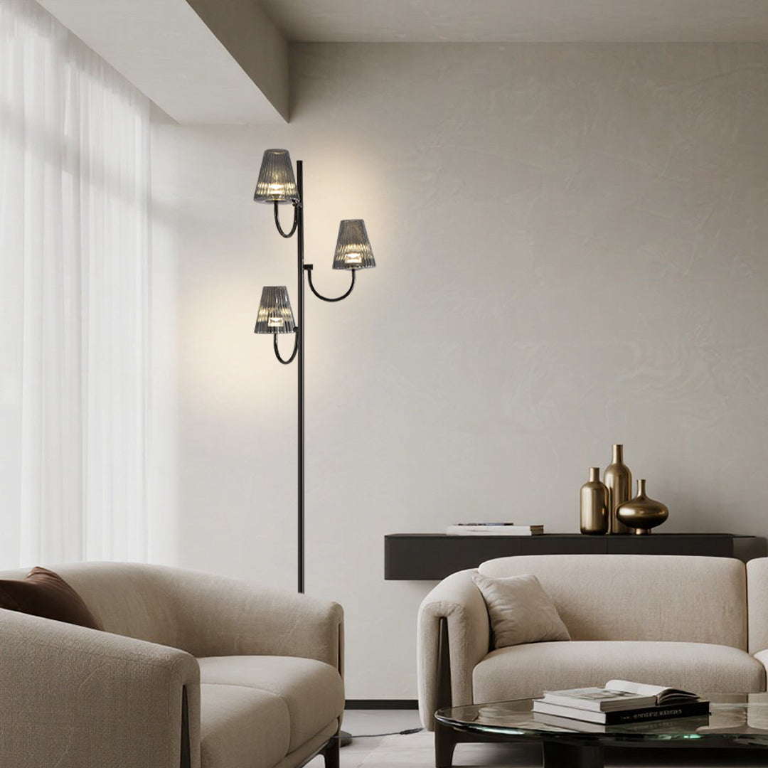 Minimalist Black Contemporary Floor Lamp with Three Glass Shades