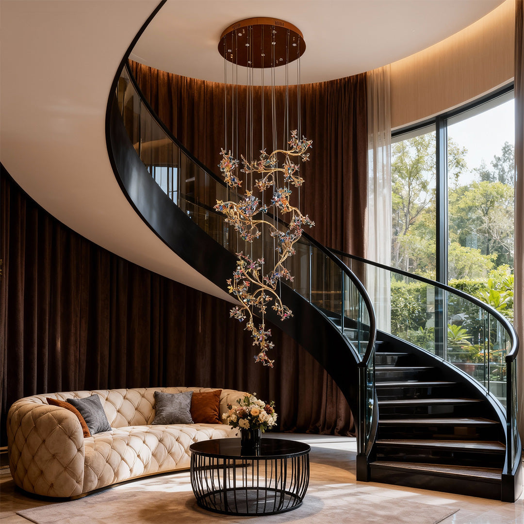 Crystal Rotating Staircase Chandelier with Chrome Finish and Adjustable Chain