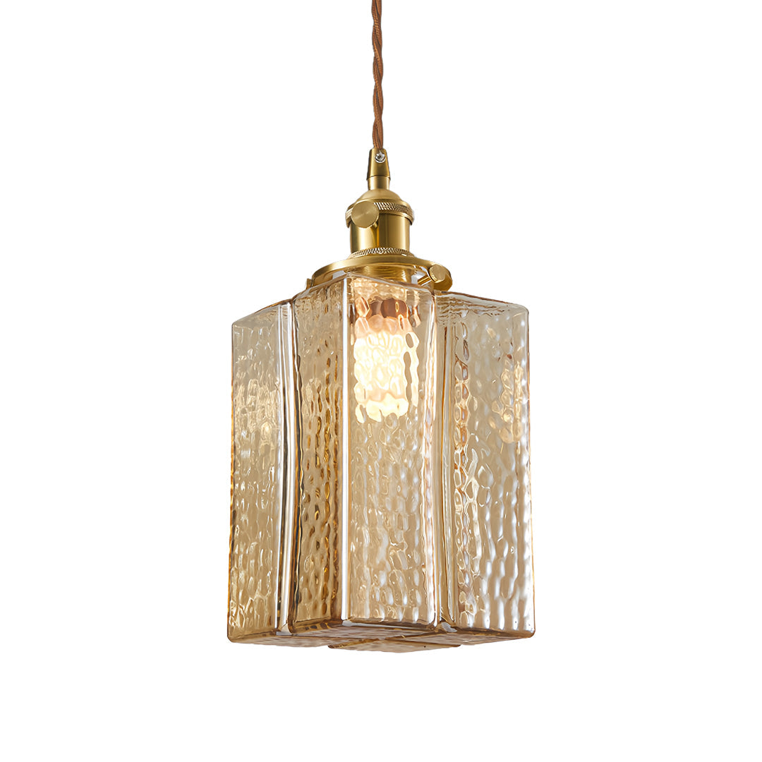 Vintage Brass Square Glass Pendant Light with Adjustable Cord