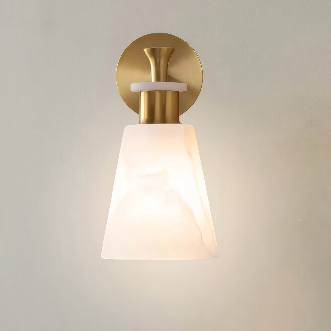 Luxury Brass Wall Sconce with Marble Shade, Minimalist LED Lighting for Modern Interiors