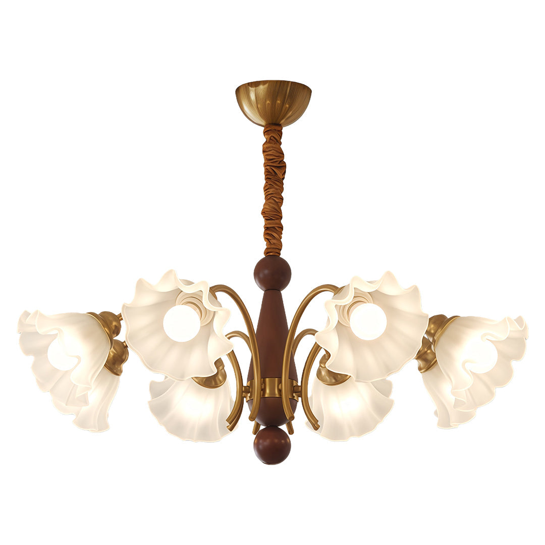 Lily of the Valley Glass Chandelier with Gold and Walnut Accents