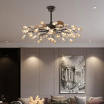 Modern Glam Ceiling Fan with Light, 30/42/56-Light LED, Black Iron & Amber Glass