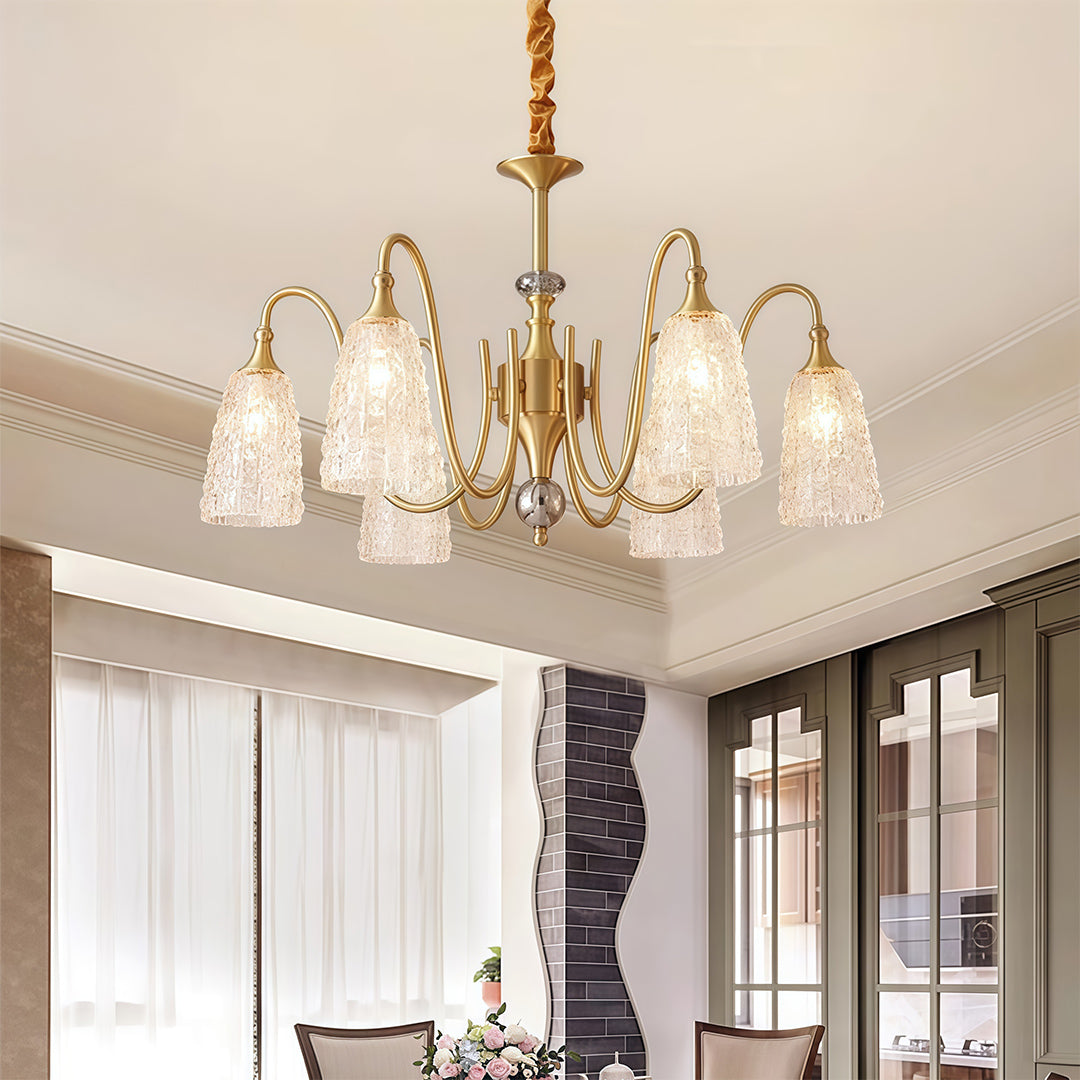 Solid Brass Vintage Chandelier with Clear Glass Shades for Dining Room and Living Room