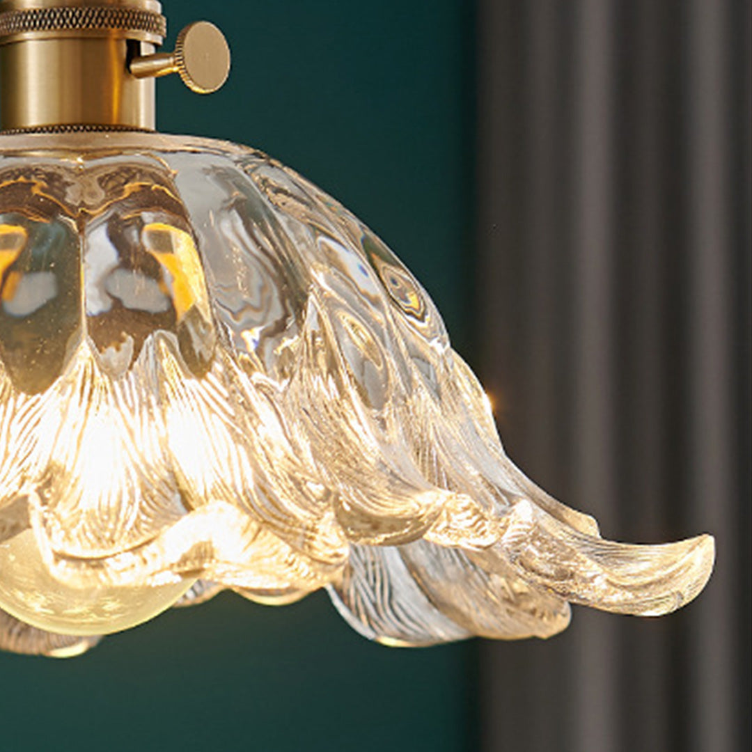 Japanese Floral Glass Pendant Light in Brushed Brass